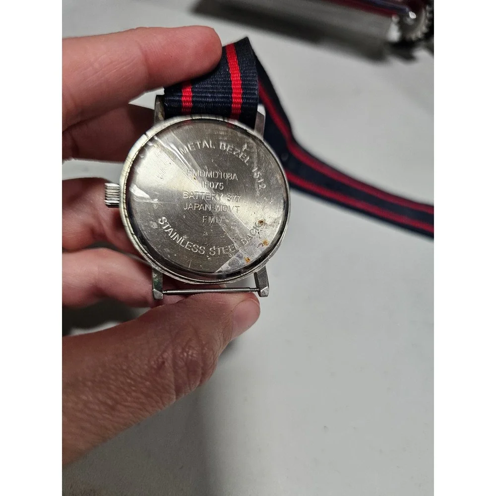 FMD Mens Military Style Watch Silver Dial Navy Red Striped Nylon Strap FMDMD108A